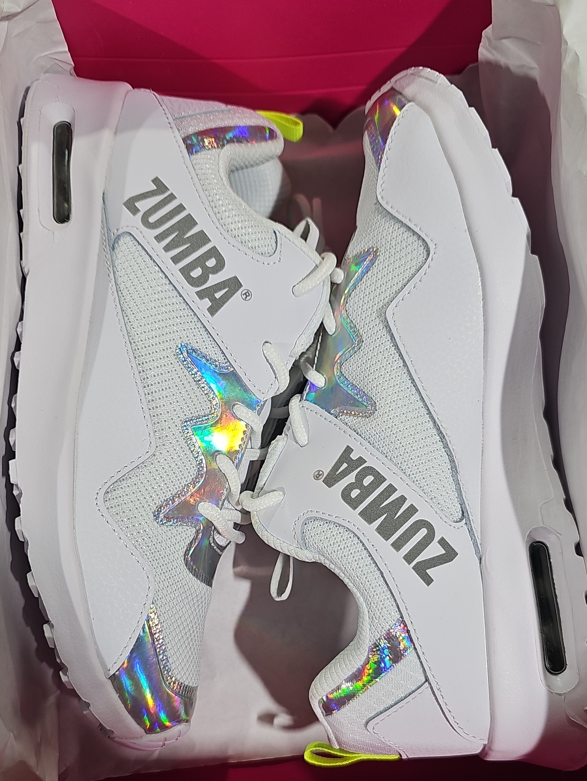 Zumba Air Lo-White-6, 7.5, 8.5, 9, 10 -New- With Iridescent Holographic Accents
